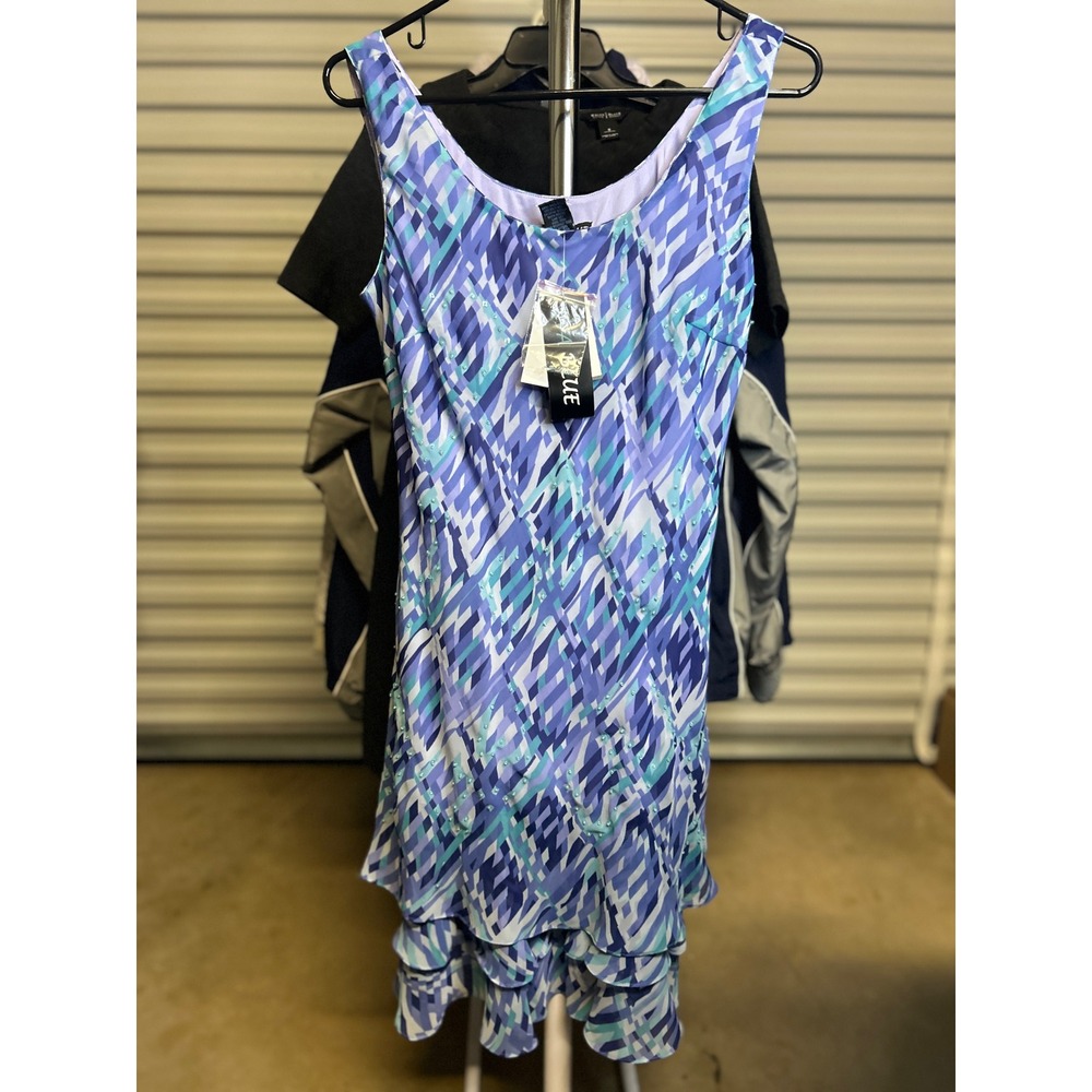 Eva Blue Dress Womens 10 Blue Multi Geometric Ruffle Hem Beaded Sleeveless NEW